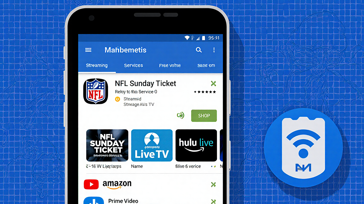 Smartphone screen shows streaming apps with central network service highlighted in blue and white background