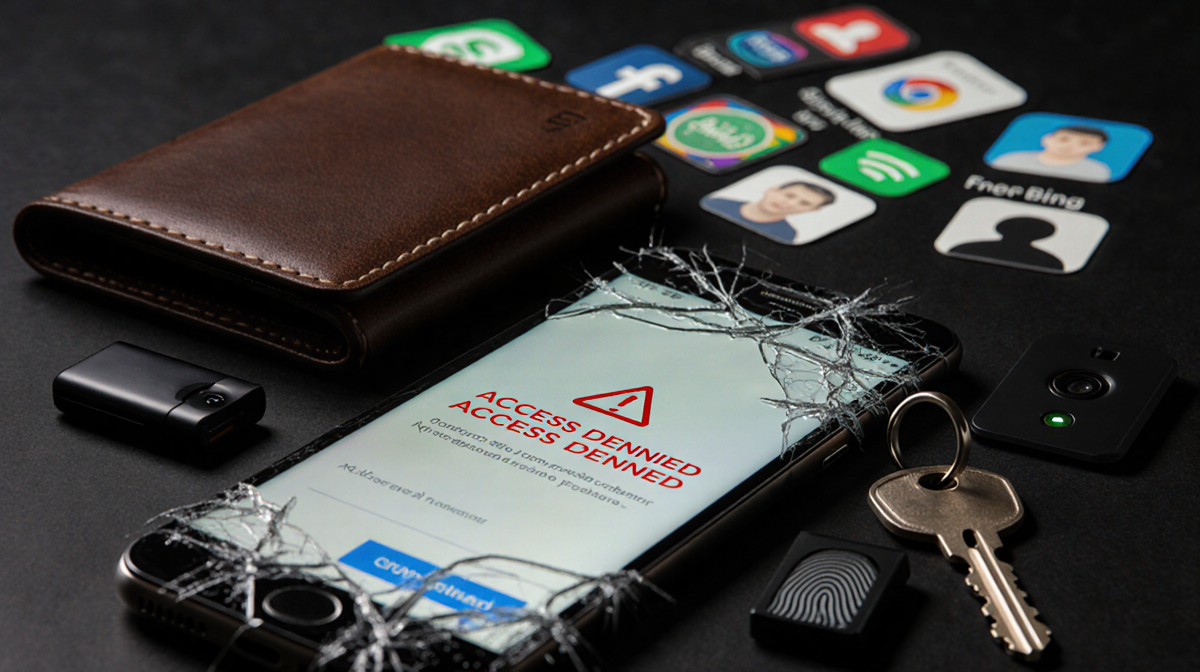 Smartphone lying on dark surface with cracked screen displaying access denied and wallet and keys scattered with stolen data.