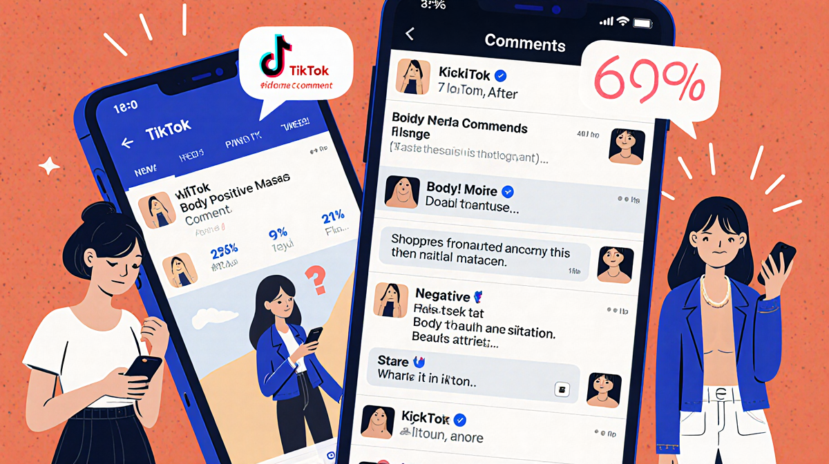Smartphone shows TikTok comments with body-positive and self-doubt messages as users look down worriedly.