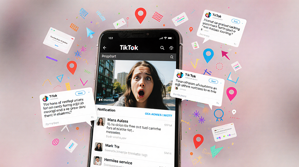 Person looking surprised at smartphone screen with TikTok feed and notifications and location pins