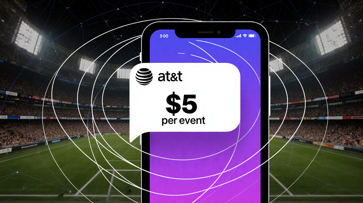 Smartphone screen showing $5 per event message with concentric circles for Turbo Live and a faint stadium background