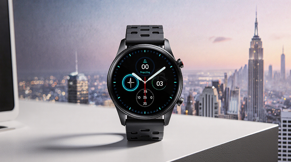 Sleek smartwatch glowing on minimalist desk with subtle cityscape dusk background and faint health sensors