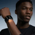 Person wearing glowing smartwatch on wrist with modern touchscreen interface and fitness tracking features visible