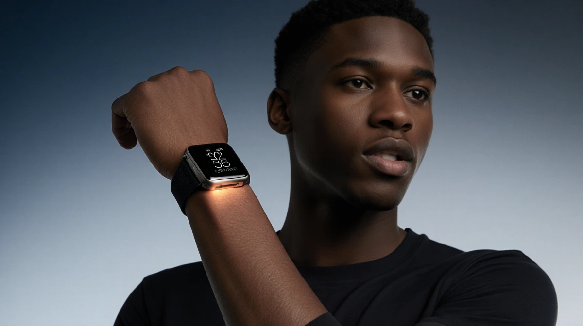 Person wearing glowing smartwatch on wrist with modern touchscreen interface and fitness tracking features visible