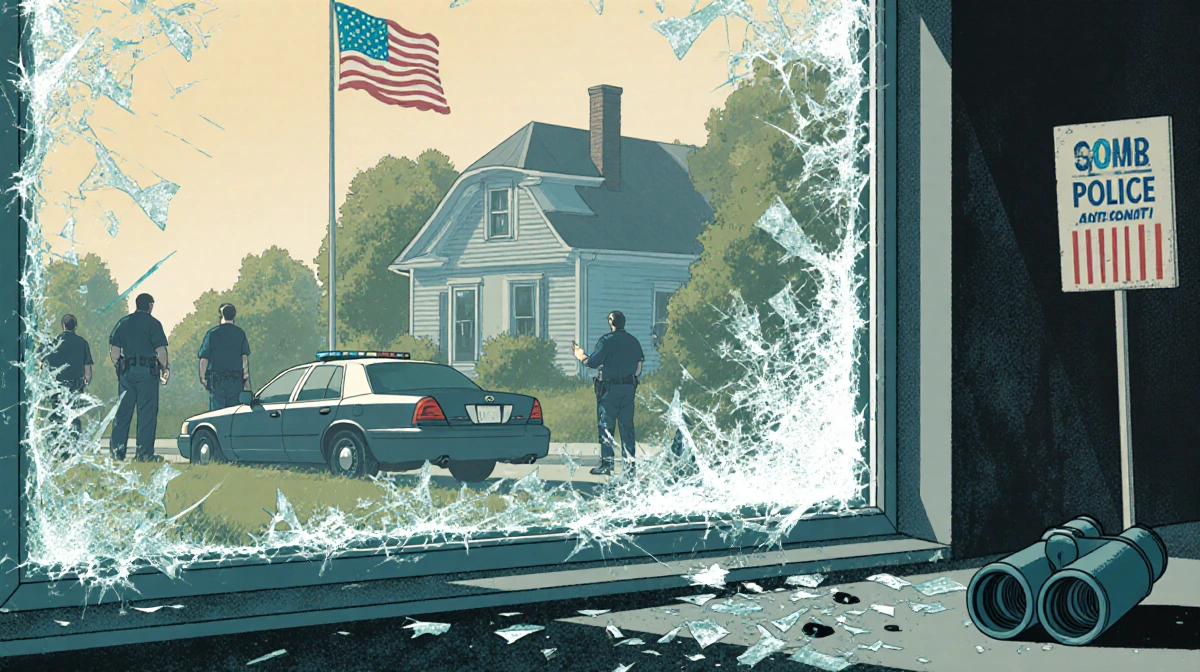Police officers stand outside a suburban home with a shattered window and scattered glass, a faint flag outline and protest s
