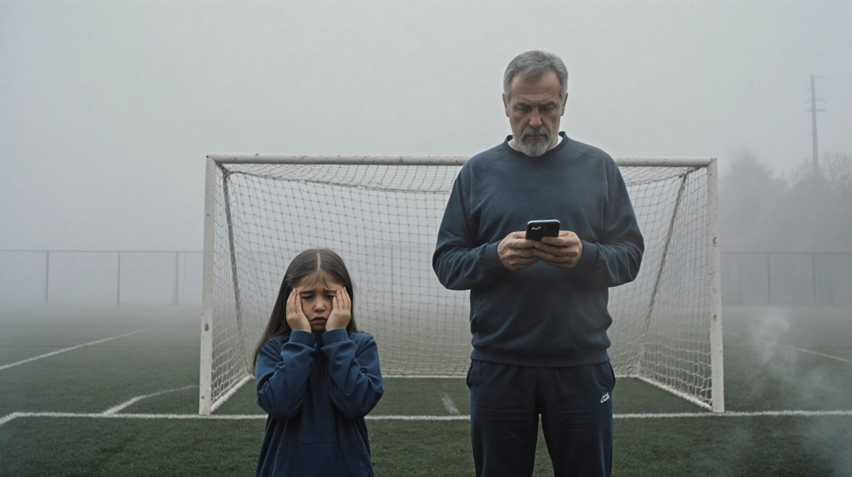 Worried girl stands by soccer goal posts with her father holding a phone showing her upset expression in thick morning fog