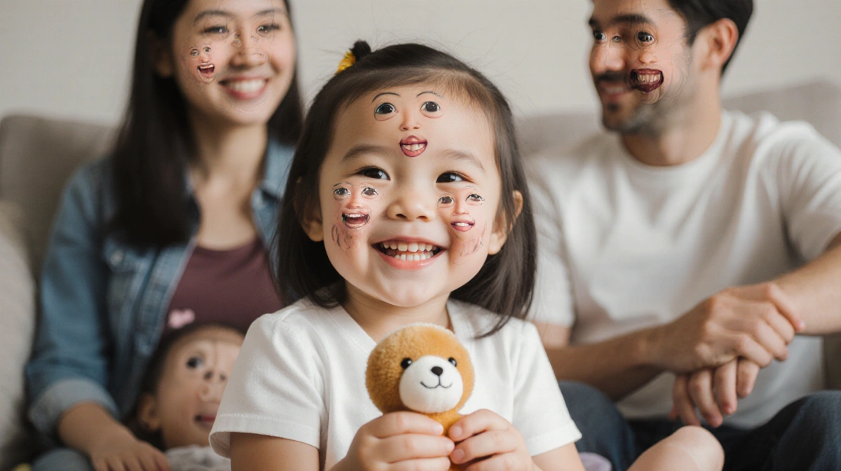 Happy 4-year-old girl holding stuffed toy with parents faces glowing softly behind her