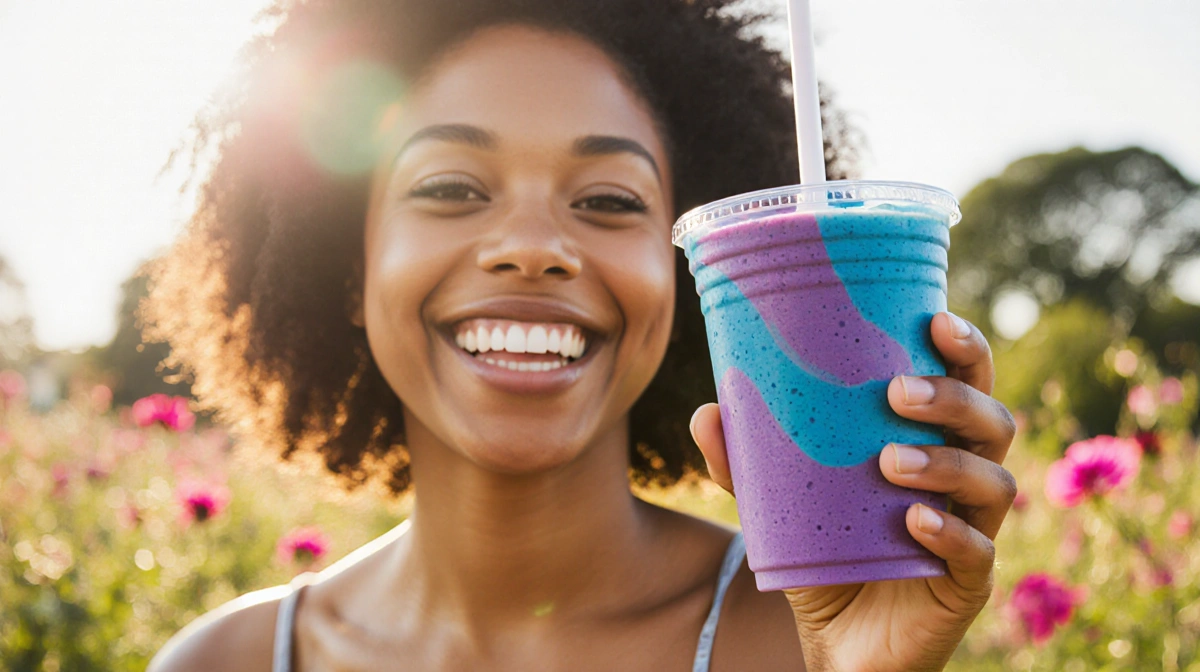 Smiling woman holding colorful smoothie cup with blue and purple swirl near lush garden and flowers