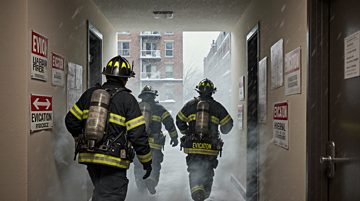 Emergency responders rushing through smoke-filled hallway with crowded evacuation signs and snow-covered windows outside