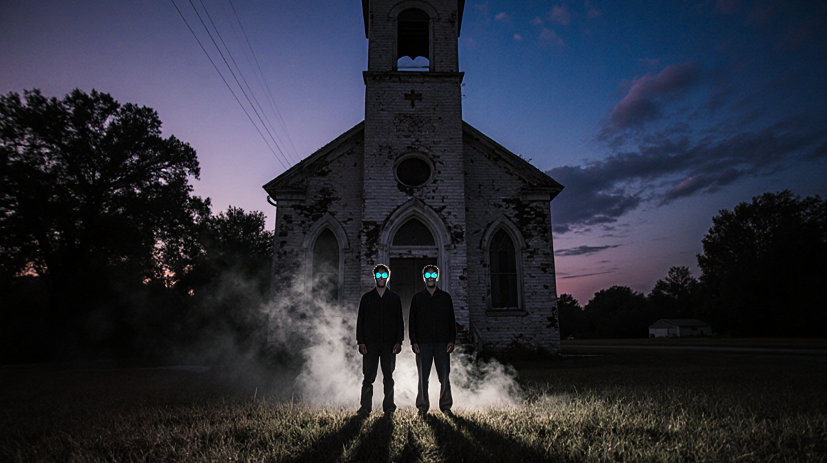 Twin brothers Smoke and Stack standing with glowing eyes and mist in front of a decrepit church under a deep blue dusk sky.