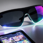 Snap AR glasses glow with colorful reflections while a tablet displays augmented reality interface with bright LED lights