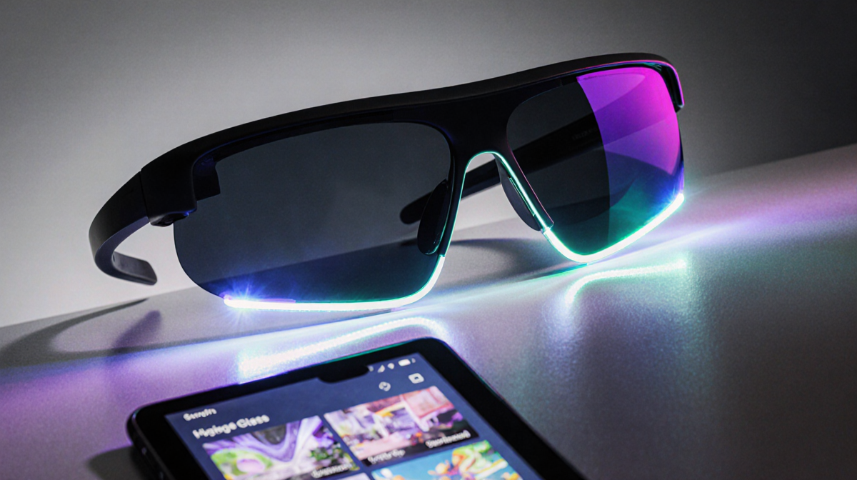 Snap AR glasses glow with colorful reflections while a tablet displays augmented reality interface with bright LED lights