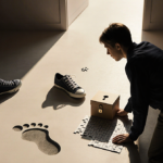 Sneaking figure standing near puzzle box with keyhole lock and scattered shoe items in dimly lit room.