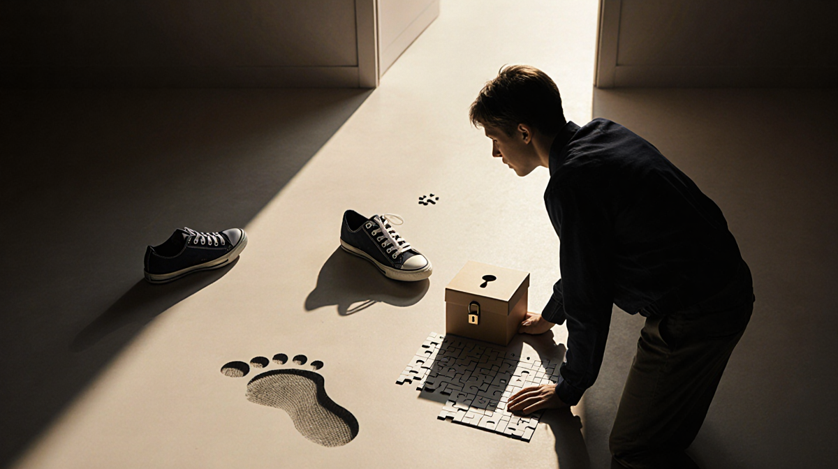 Sneaking figure standing near puzzle box with keyhole lock and scattered shoe items in dimly lit room.