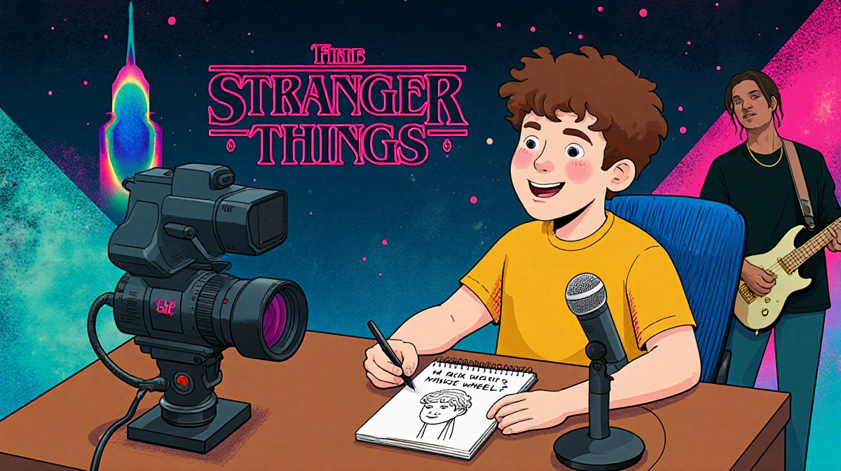 Finn Wolfhard hosting SNL with camera lens and microphone at desk showing Stranger Things notes