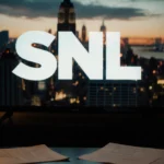 SNL logo warps across glowing TV screen with city lights and papers scattered on table