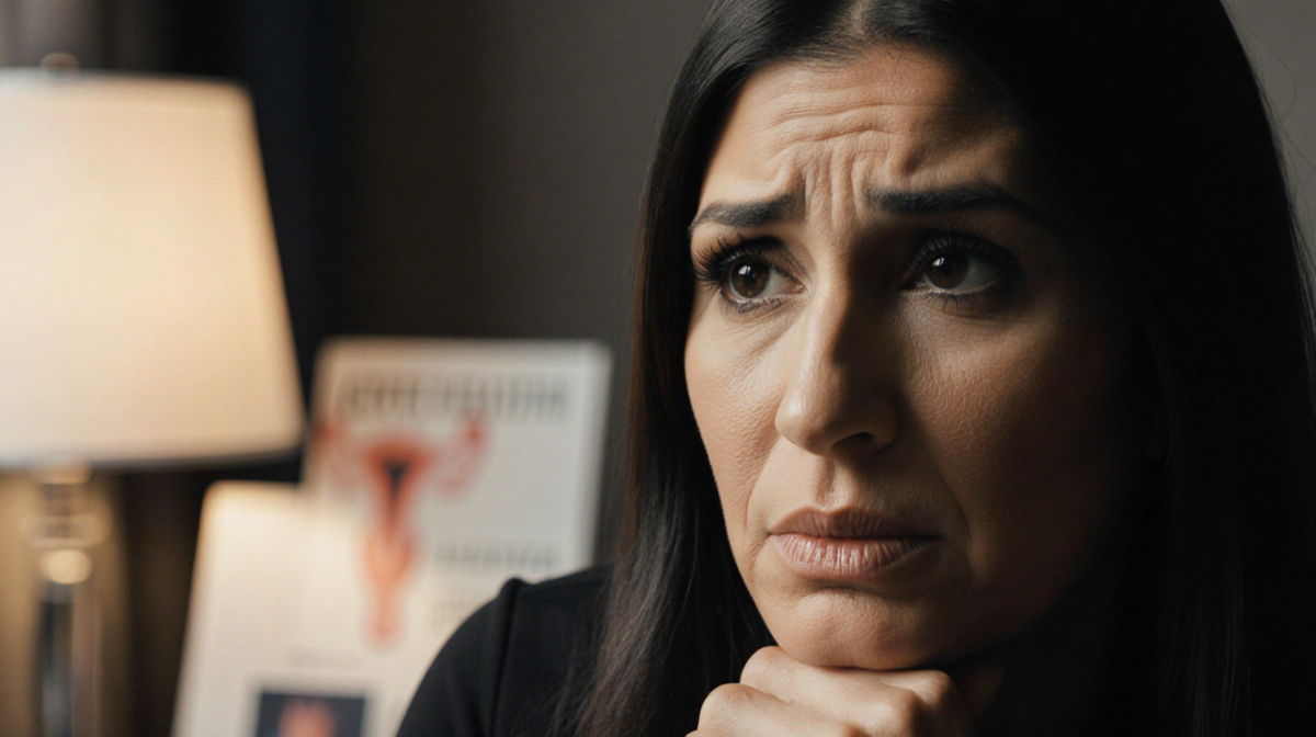 Nicole Polizzi thinks with hand on chin in soft warm light near medical book.