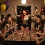 Snooki bursts through the door at wild Canadian party with guests dancing around wooden table and balloons flying