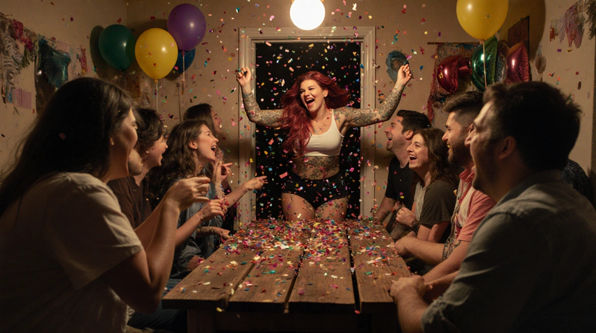 Snooki bursts through the door at wild Canadian party with guests dancing around wooden table and balloons flying