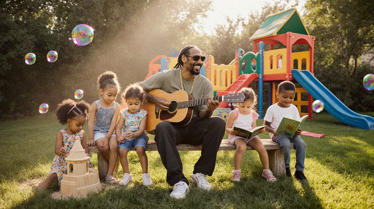 Snoop Dogg smiles while holding a grandchild and guitar with kids playing in sunny backyard