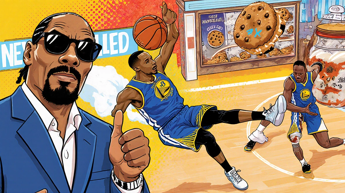 Snoop Dogg commentating NBA game with Draymond Green holding basketball and brick with cookie shop showing cookies and cream