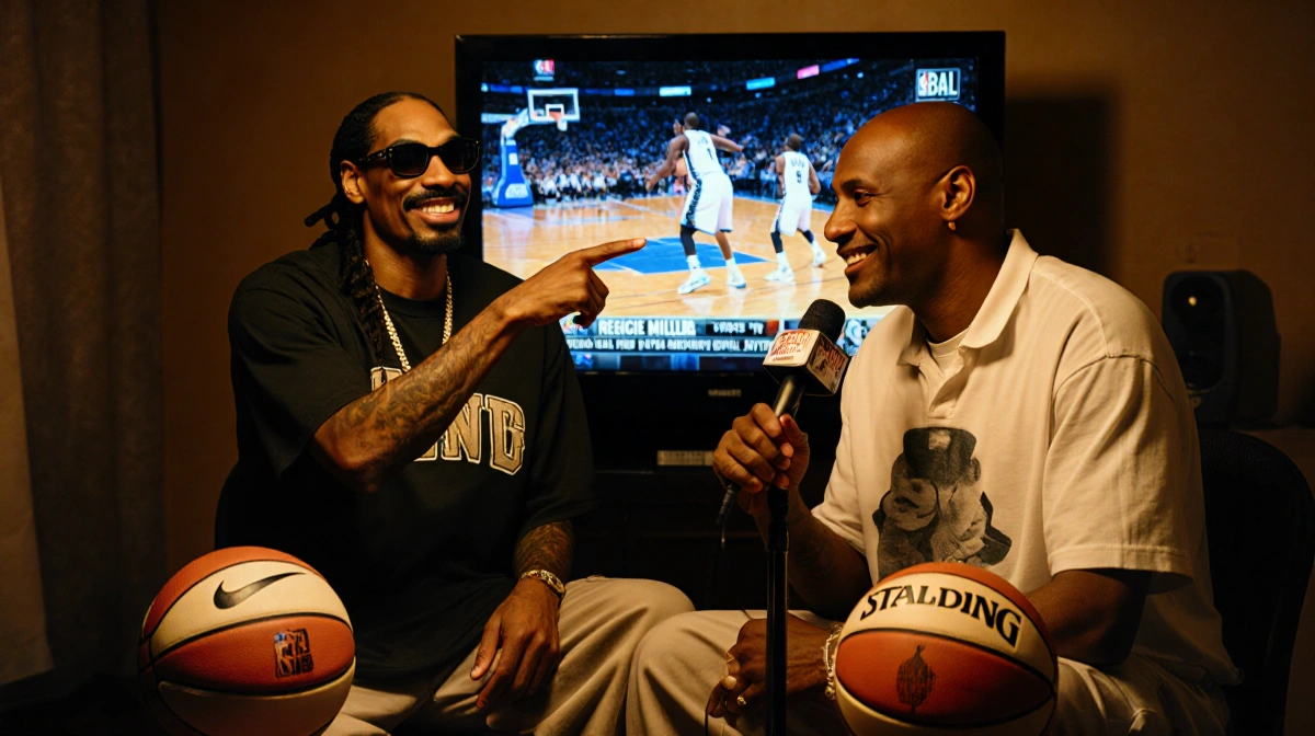 Snoop Dogg talking animatedly next to Reggie Miller with basketballs and microphones at their feet