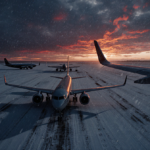 A lone plane wing casting a long shadow across the snow-covered airfield at dusk with indigo sky.