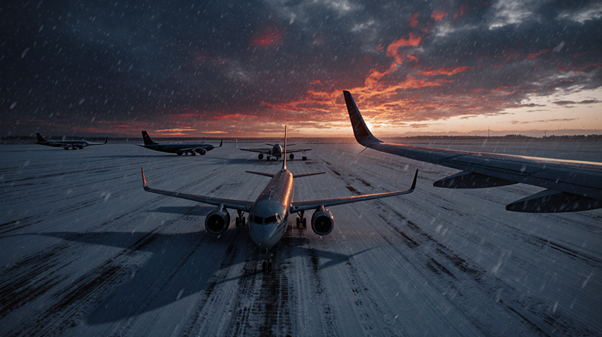 A lone plane wing casting a long shadow across the snow-covered airfield at dusk with indigo sky.
