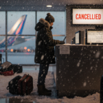 Traveler standing at check-in counter with frosted windows and dim lighting in a winter storm‑affected airport