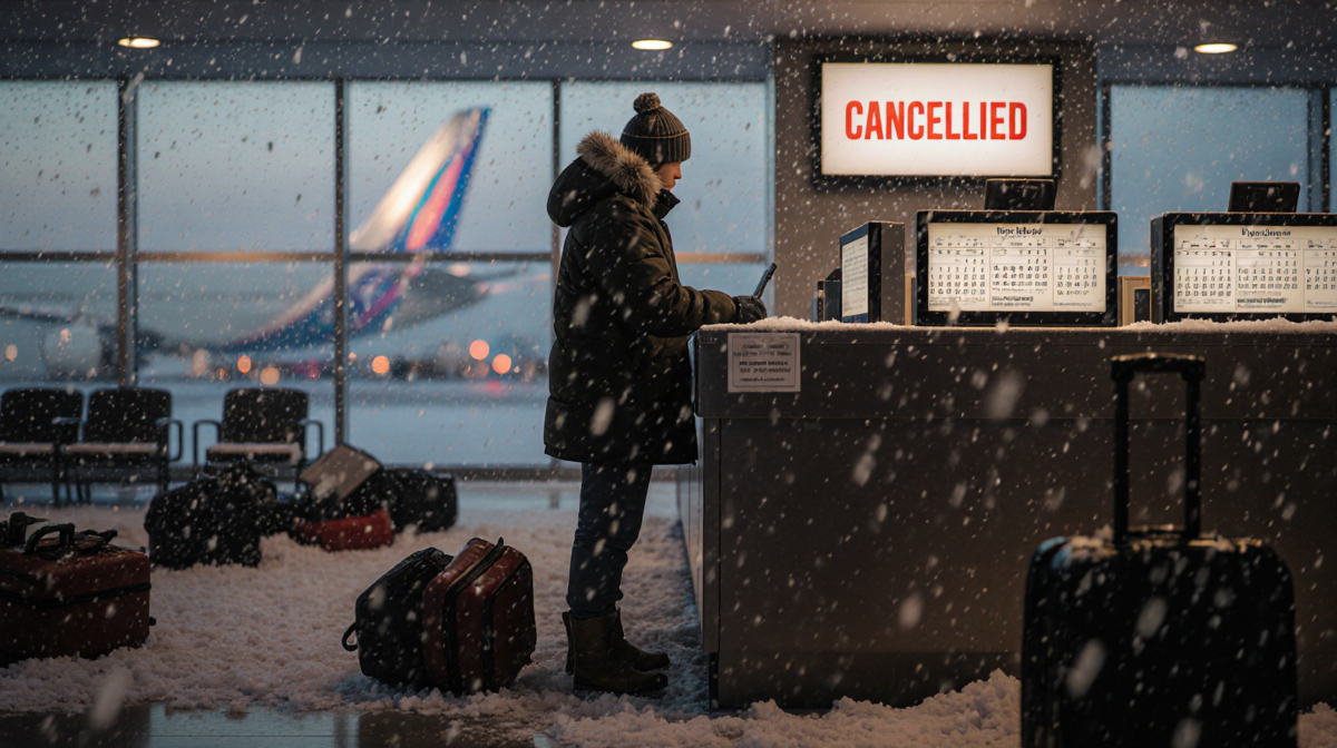 Traveler standing at check-in counter with frosted windows and dim lighting in a winter storm‑affected airport