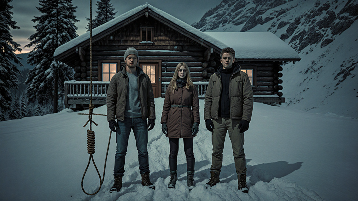 Three friends standing before a snow-covered cabin with one holding a rope and shadows adding tension.