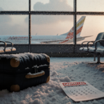 Abandoned suitcase lies on snowy terminal floor with frosted windows and scattered flight schedule.
