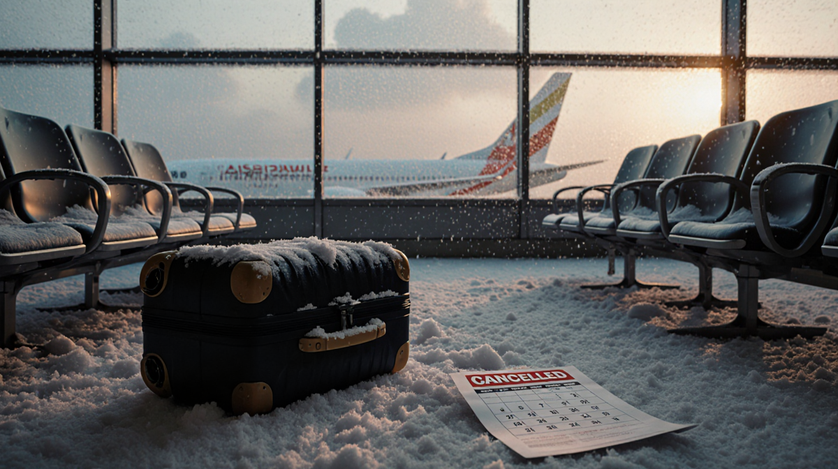 Abandoned suitcase lies on snowy terminal floor with frosted windows and scattered flight schedule.
