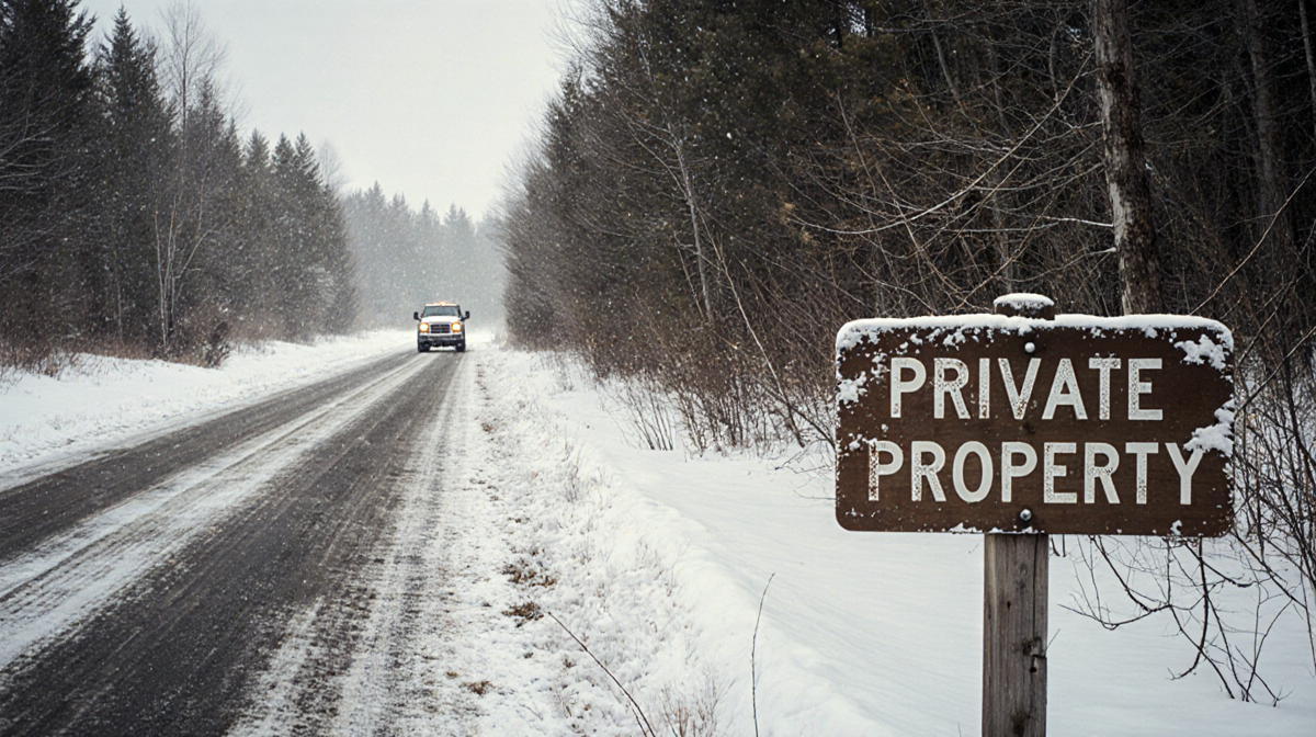 Truck approaches snowy forest road with private property sign and dense trees blocking view