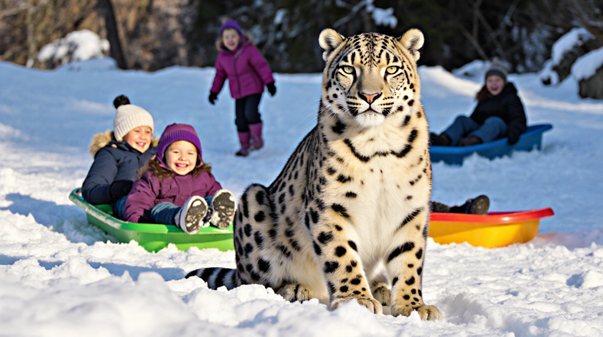 Snow leopard Layan sits regally on a snowy slope with children sledding behind him at Santa Barbara Zoo