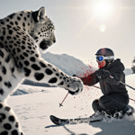 Snow leopard swiping a ski tourist with blood splattered face against a snowy mountain backdrop