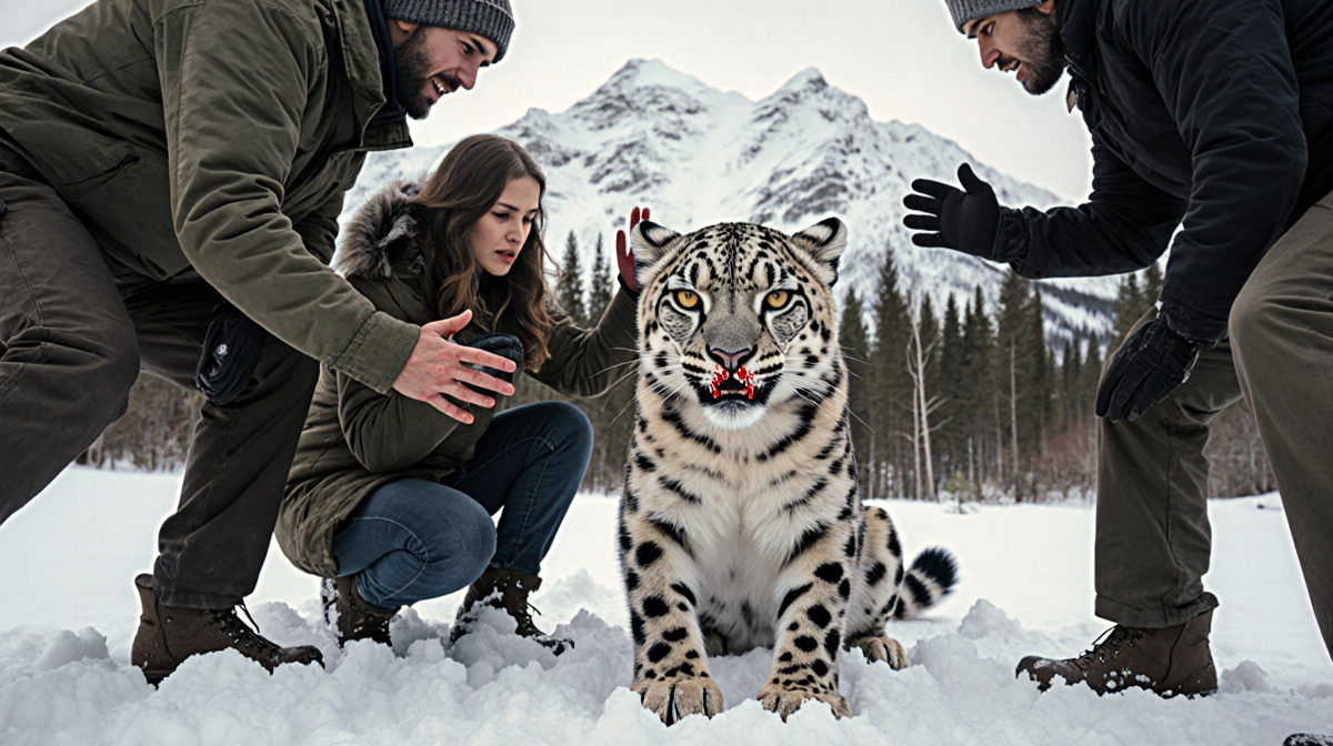 Snow leopard crouches on hind legs with a woman bleeding from mouth and hands raised while others try to calm it