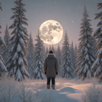 Lone figure gazing at the Snow Moon with snowy forest and winter landscape