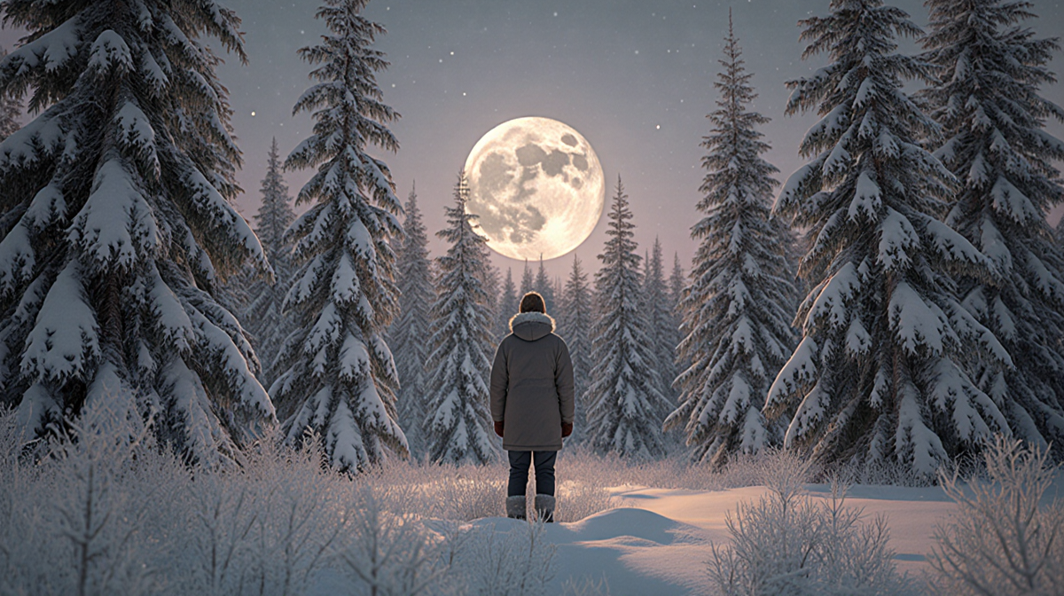 Lone figure gazing at the Snow Moon with snowy forest and winter landscape