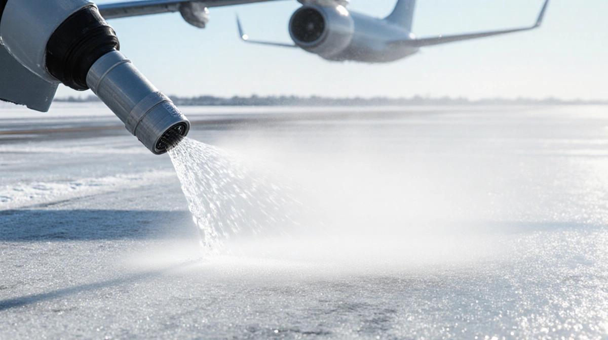 Large spray nozzle spraying mist onto snowy runway with deicing trail on icy surface and blurred aircraft wing shape.