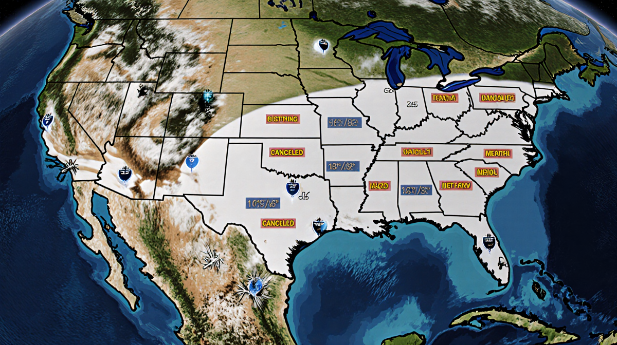 Weather map illustrates a snowstorm over the Southern US with canceled airports and power outages in Midwest and East Coast.