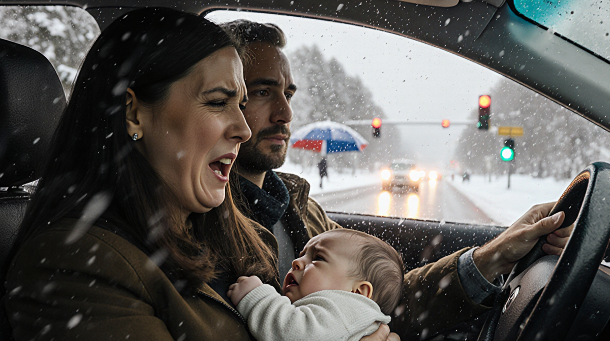 Woman driving a car holding a baby boy with warm lights shining and snow falling around the windshield
