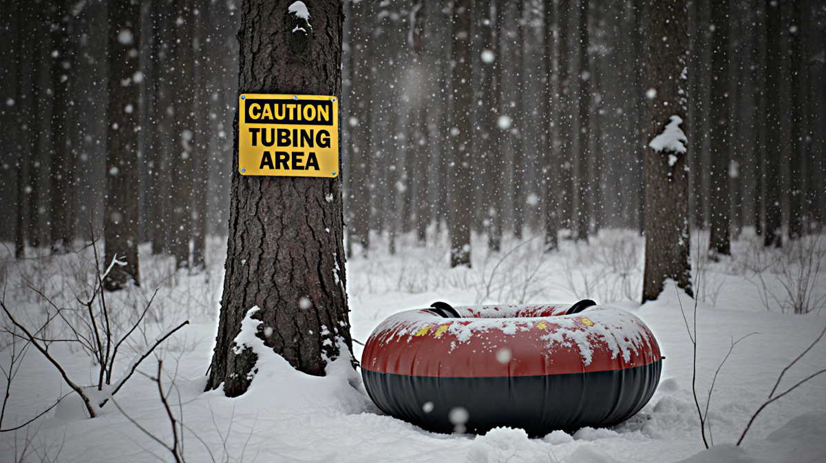 Lone inner tube lying on snowy ground with a yellow warning sign on a snow-covered tree trunk