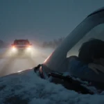 Driver slumps over steering wheel with headlights illuminating snowy highway and taillights fading into darkness
