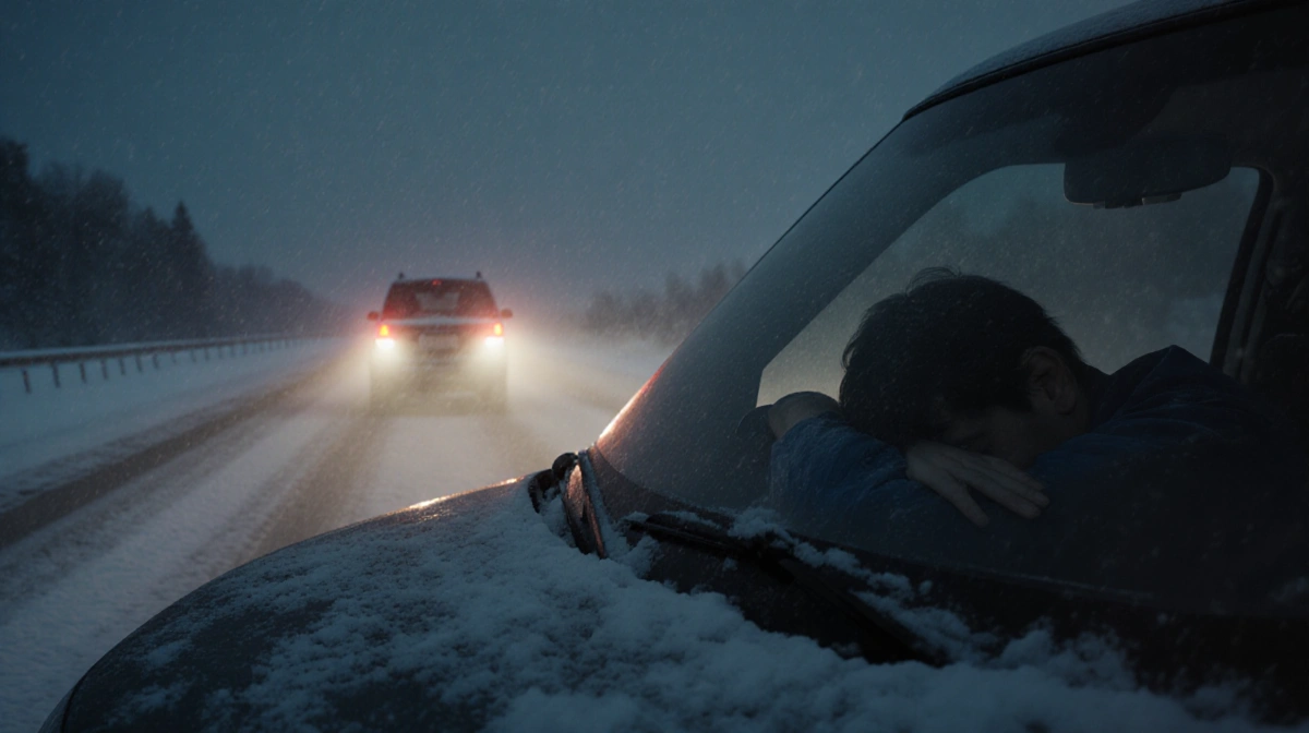 Driver slumps over steering wheel with headlights illuminating snowy highway and taillights fading into darkness