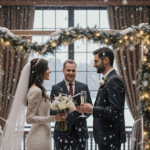 Couple standing at small altar with lace veil bride and champagne bottle during wedding ceremony in snow-covered hotel lobby