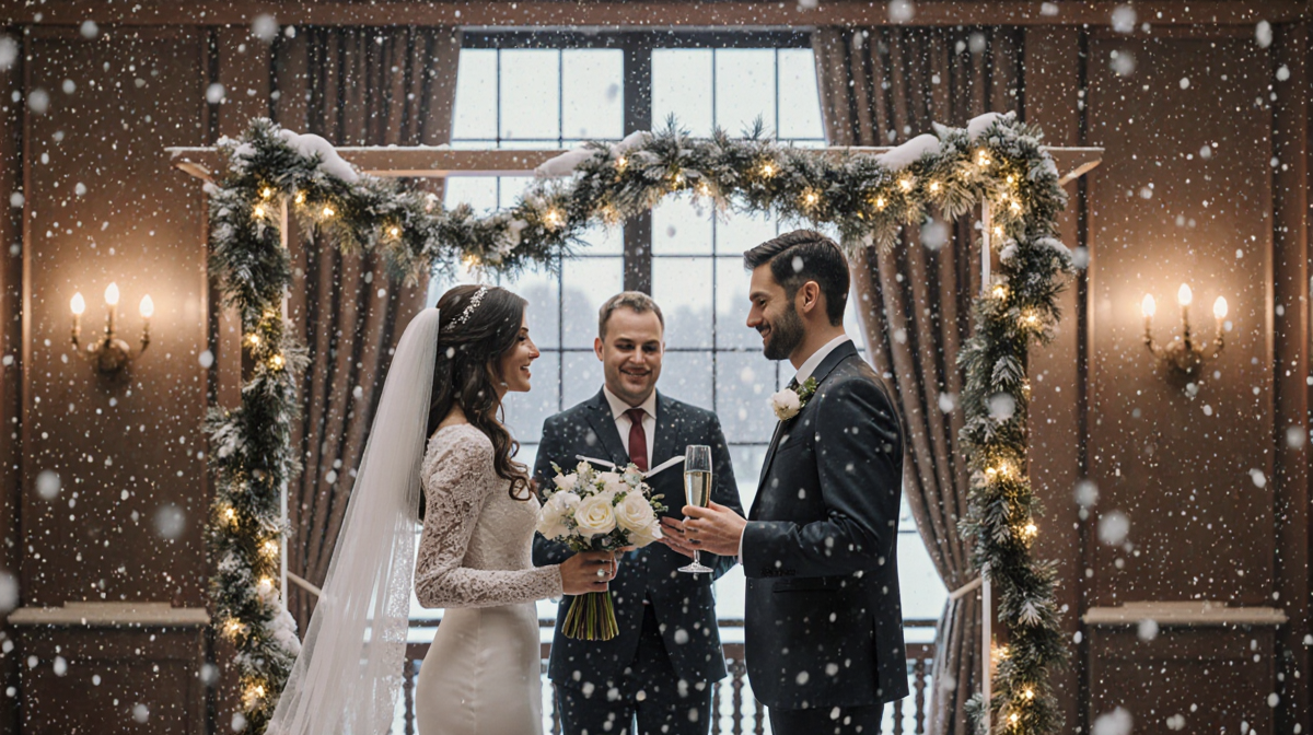 Couple standing at small altar with lace veil bride and champagne bottle during wedding ceremony in snow-covered hotel lobby