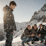 Teenage boys standing on snowy ridge watching mountains with adults expressing relief