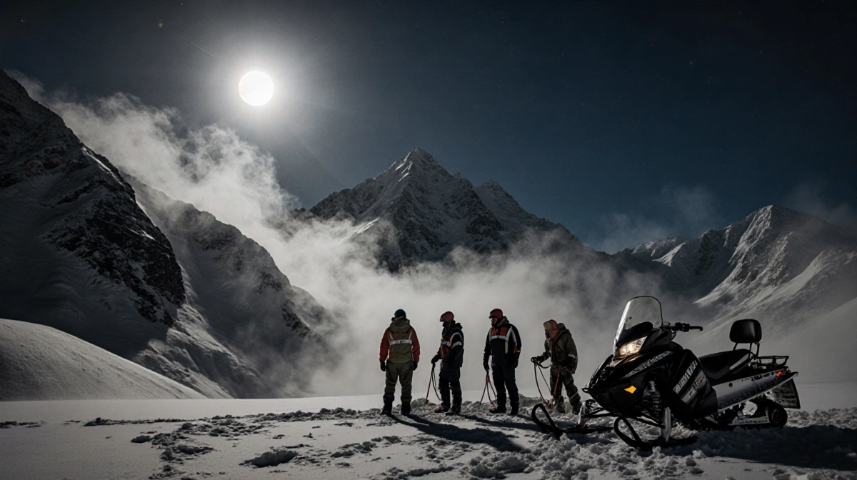 Search and rescue team standing by snowmobile with avalanche ropes and moonlit mountain peaks behind