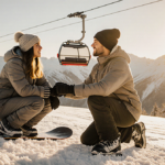 Woman sitting with snowboard looking frustrated and relieved with stranger kneeling to help near golden-lit mountain